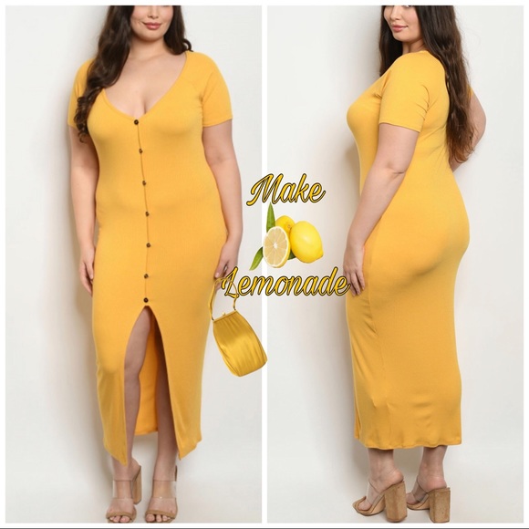 www.curvyboss.shop Dresses & Skirts - Yellow Front Split Maxi Plus Size Dress